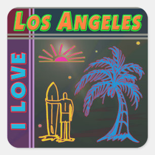 Adesivo Quadrado "Eu adoro Los Angeles" Sun, Palm Tree e Surfer Sti