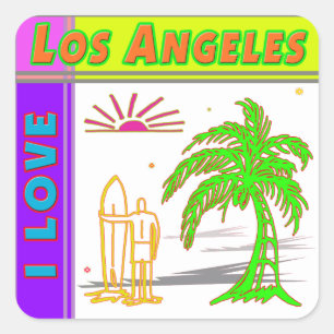 Adesivo Quadrado "Eu adoro Los Angeles" Sun Palm Tree&Surfer#2 Stic
