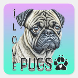 Adesivo Quadrado Eu Adoro Pugs | Proprietários De Cachorros Cortos