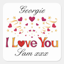 Adesivo Quadrado EU AMO VOCÊ Coração Vermelho Fita Dourada Vintage 