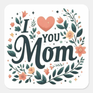 Adesivo Quadrado Eu Amo Você Mamãe - Coração Floral Afetuoso