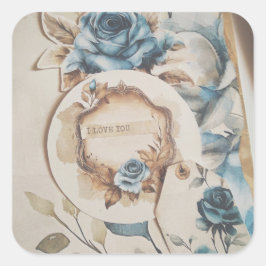Adesivo Quadrado Eu Te Amo Vintage Floral Dusty Flores Azuis