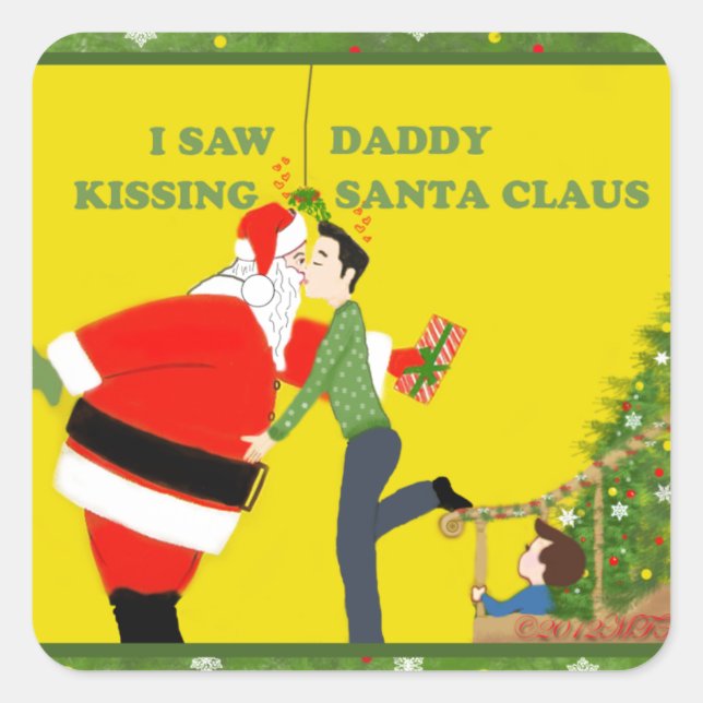 Adesivo Quadrado Eu Vi Pai Beijando Gay de Papai Noel (Frente)