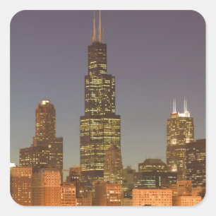 Adesivo Quadrado EUA, Illinois, Chicago: Skyline City / Noite