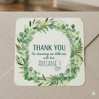 Adesivo Quadrado Eucalyptus Greenery Baby Shower Thank You