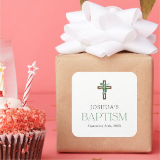 Adesivo Quadrado Eucalyptus Modern Cross Baptism Favor