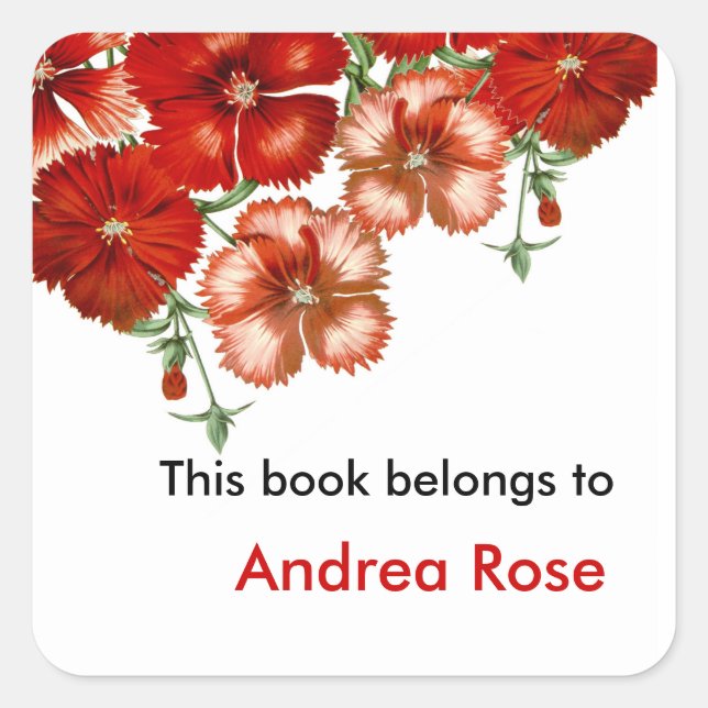 Adesivo Quadrado Ex Libris Bookplate, Cravo Vermelho (Frente)