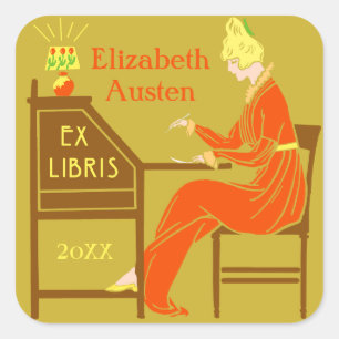 Adesivo Quadrado Ex Libris Bookplate Deco Lady Escrevendo Mesa Pers