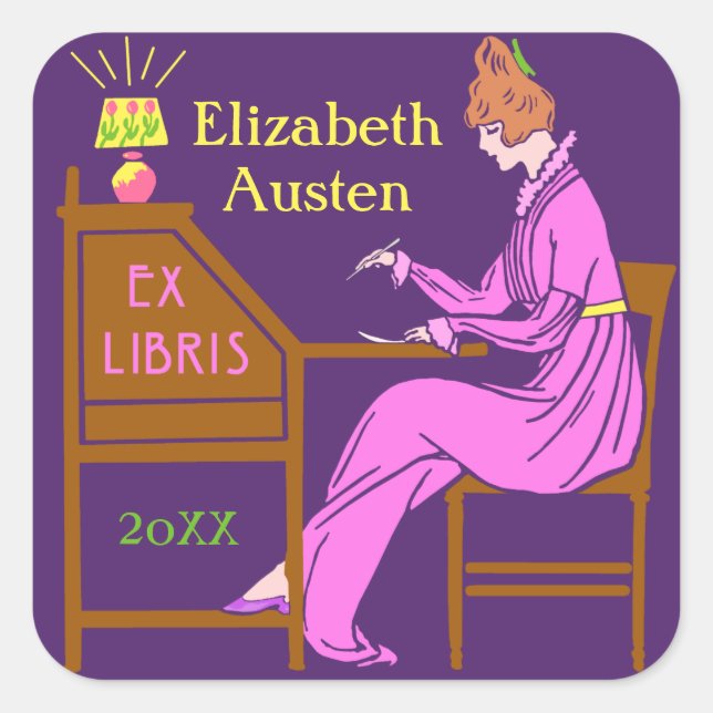 Adesivo Quadrado Ex Libris Bookplate Deco Lady Escrevendo Mesa Pers (Frente)