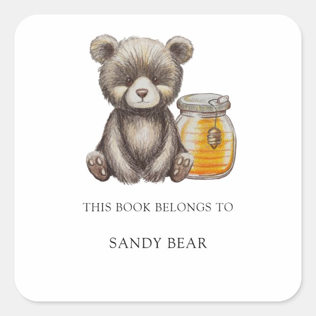 Adesivo Quadrado Ex-libris chá de bebê - Urso (Frente)