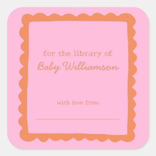 Adesivo Quadrado Ex Libris de Chaveiro de Baby Shower Laranja Rosa