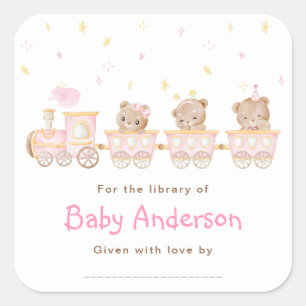Adesivo Quadrado Ex-libris de Chuveirinho de Bebê Trem Rosa Urso