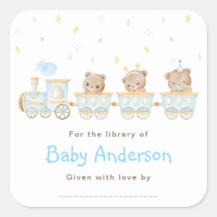 Adesivo Quadrado Ex-libris de Chuvinha de Trem Azul para Baby Showe