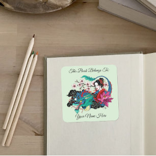 Adesivo Quadrado Ex libris de dragão geisha asiática flores de cere