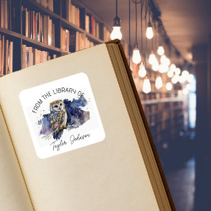 Adesivo Quadrado Ex libris de livro coruja céu noturno celestial es