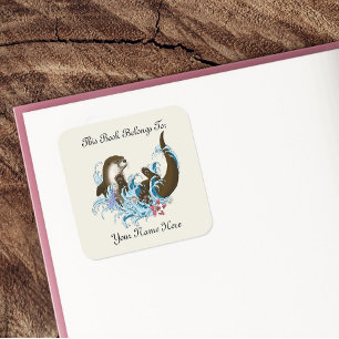 Adesivo Quadrado Ex-libris de uma Lontra de Rio Azul Brincalhona e