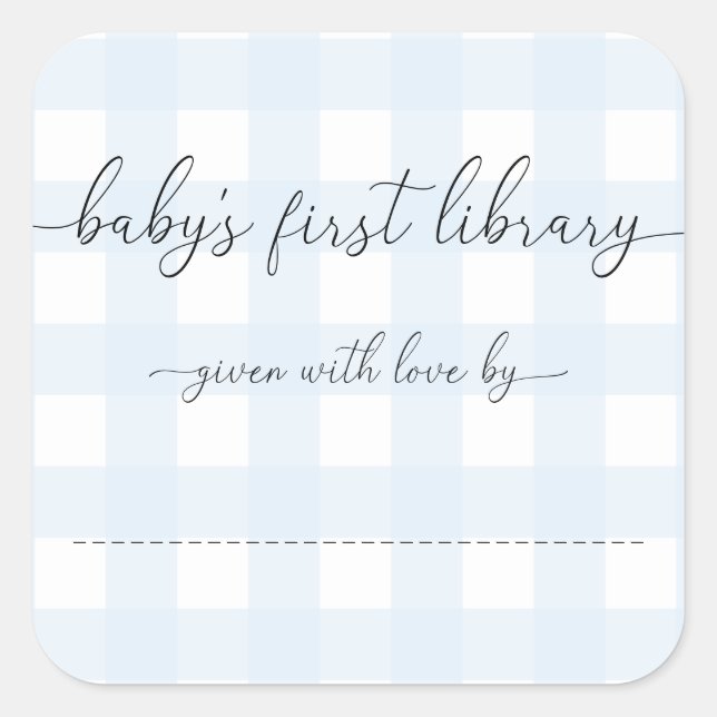 Adesivo Quadrado Ex libris do bebê em gingham azul (Frente)