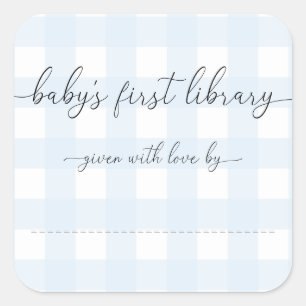 Adesivo Quadrado Ex libris do bebê em gingham azul
