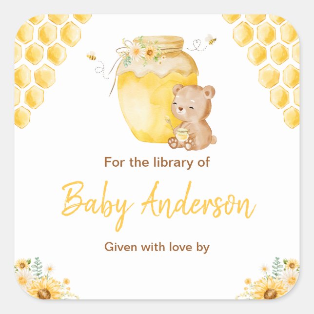 Adesivo Quadrado Ex-libris do Chá de Bebê do Ursinho Baby (Frente)