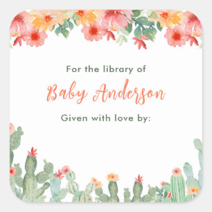 Adesivo Quadrado Ex-libris Floral Boho Cacto Bebê