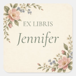 Adesivo Quadrado Ex Libris Floral Personalizado para Livros