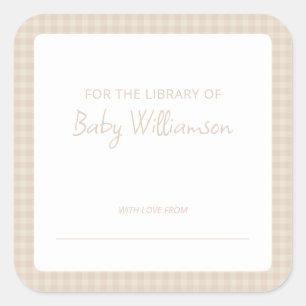 Adesivo Quadrado Ex-libris Fofo de Xadrez Gingham para Chá de Bebê