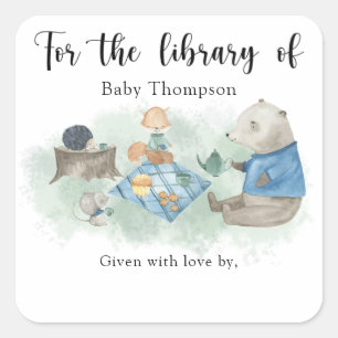 Adesivo Quadrado Ex-libris para chá de bebê no tema floresta, livro