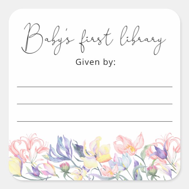 Adesivo Quadrado Ex-libris para chá de bebê Wildflowers, livros par (Frente)