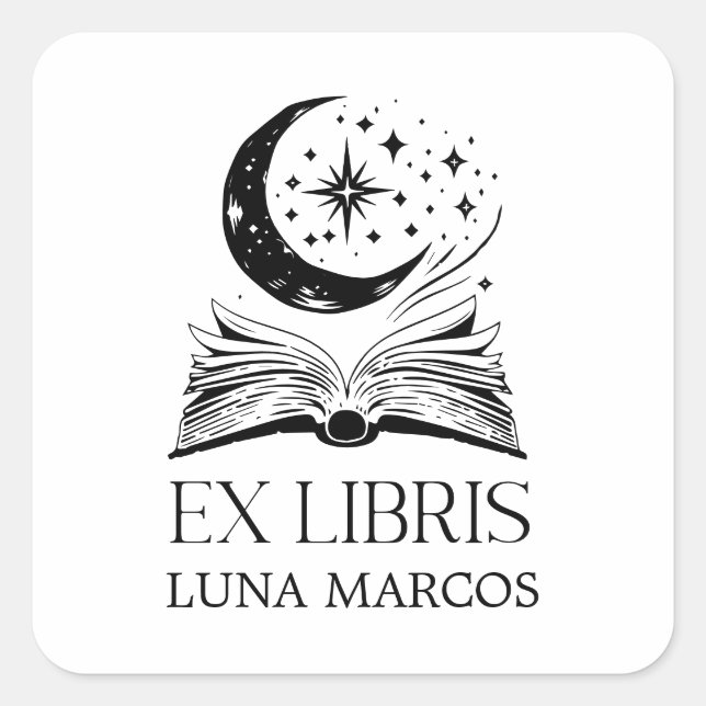 Adesivo Quadrado Ex-Libris Personalizado com Livro e Estrelas (Frente)