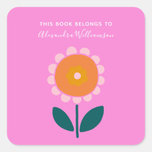 Adesivo Quadrado Ex-libris Personalizado Flor Escandinava Rosa