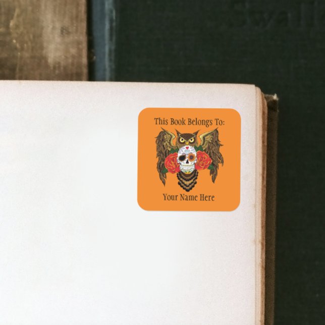 Adesivo Quadrado Ex-libris Vibrante de Caveira de Açúcar com Coruja (Criador carregado)