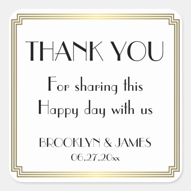 Adesivo Quadrado Excelente Art Deco Vinhetas Douradas de Casamento (Frente)