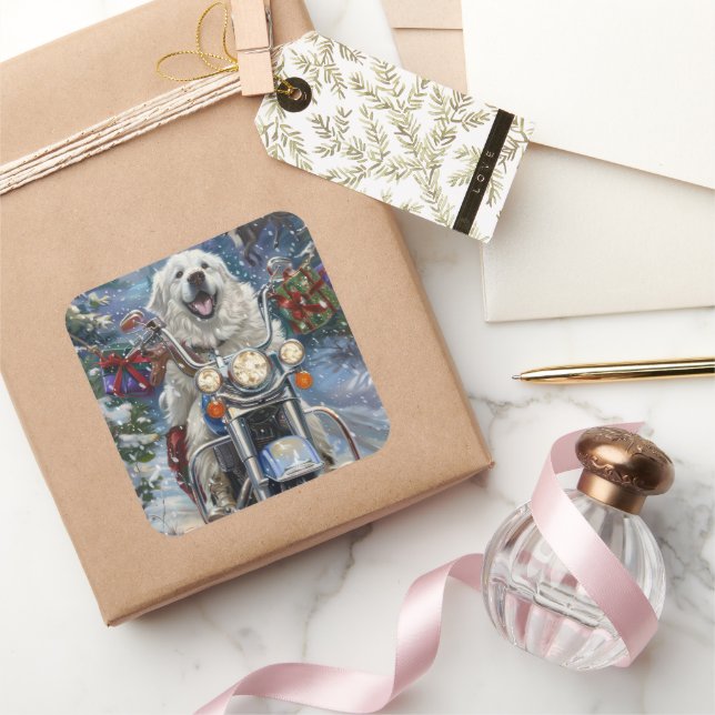 Adesivo Quadrado Excelente Pirenéus Cão Dirigindo Moto Natal (Presentear)