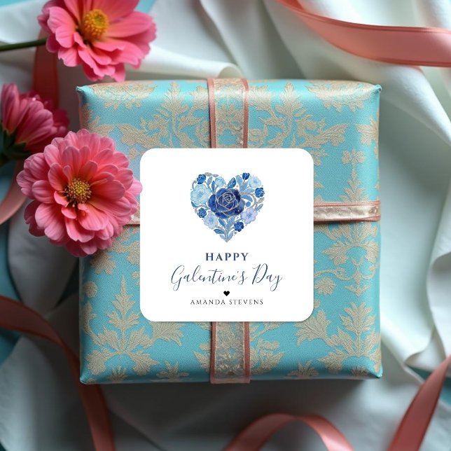 Adesivo Quadrado Exquisite Red Floral Heart Galentine's Day Party  (Exquisite Floral Heart Galentine's Day Party Square Stickers for Your Best Friends in Blue Shades. )