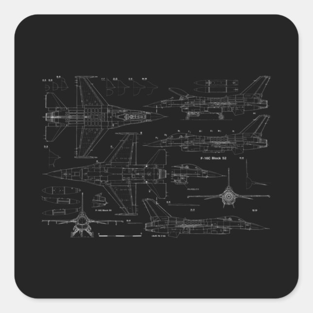 Adesivo Quadrado F16 Jet Aircraft Fighter Jet Blueprint Design (Frente)