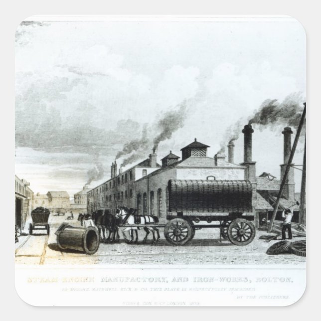 Adesivo Quadrado Fábricas de vapor e ferro (Frente)