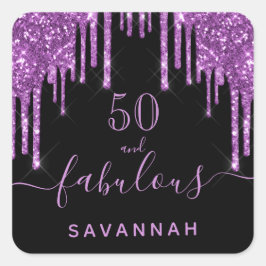 Adesivo Quadrado Fabuloso aniversário, preto, brilho roxo elegante