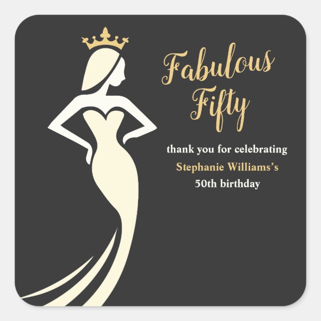Adesivo Quadrado Fabulous Fifty Queen Golden Black 50th Birthday (Frente)