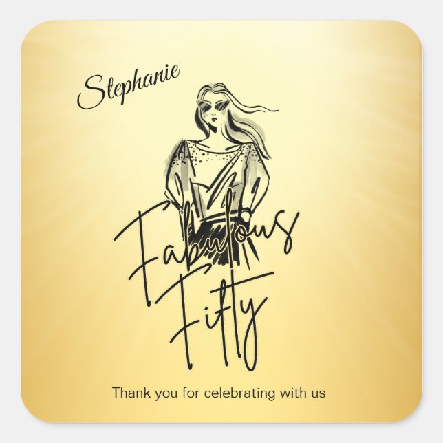 Adesivo Quadrado Fabulous Fifty Woman Gold Sketch 50th Birthday (Frente)