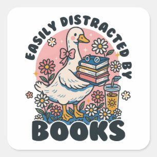Adesivo Quadrado Facilmente Distraído por Livros Ganso Fofo Amante 