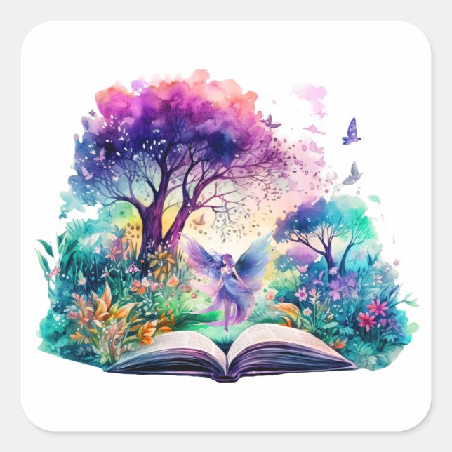 Adesivo Quadrado Fada Amante de Livros de Fantasia (Frente)