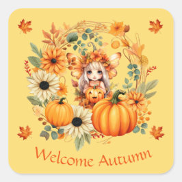 Adesivo Quadrado Fada de abóbora branca na coroa do outono