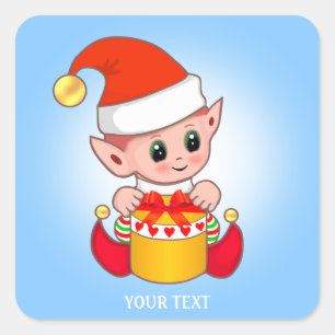 Adesivo Quadrado Fada de Natal Fofo & Texto Personalizado em Azul C