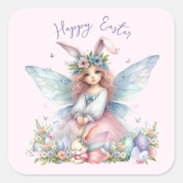 Adesivo Quadrado Fada de Primavera de Páscoa de de Aquarela