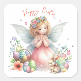 Adesivo Quadrado Fada de Primavera de Páscoa de de Aquarela