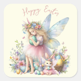 Adesivo Quadrado Fada de Primavera de Páscoa de de Aquarela