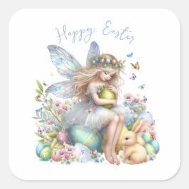 Adesivo Quadrado Fada de Primavera de Páscoa de de Aquarela