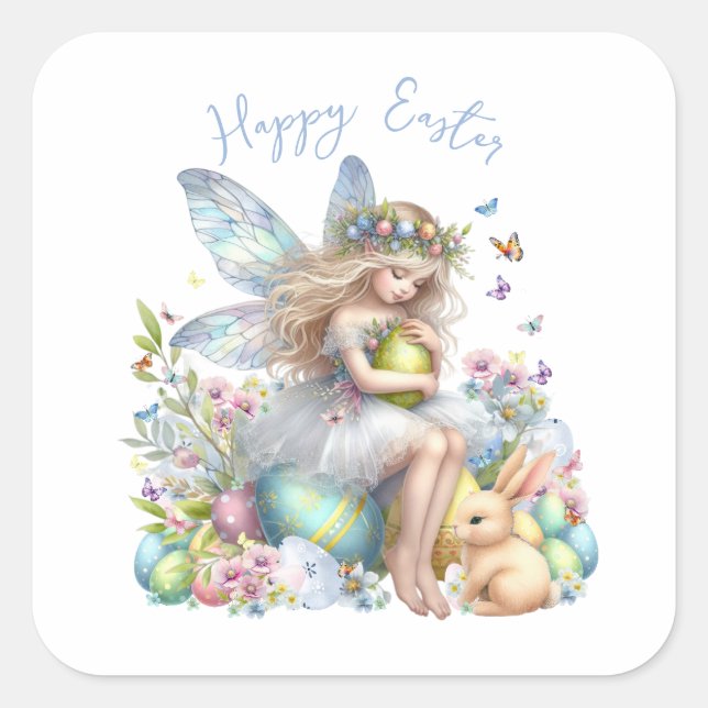 Adesivo Quadrado Fada de Primavera de Páscoa de de Aquarela (Frente)