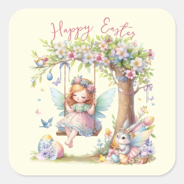 Adesivo Quadrado Fada de Primavera de Páscoa de de Aquarela (Frente)