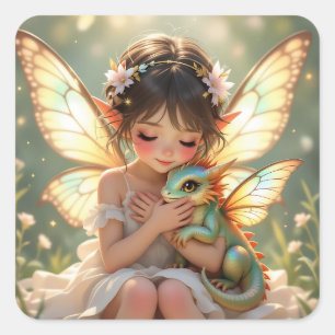 Adesivo Quadrado Fada e Dragão Conto de Fadas Anime Chibi